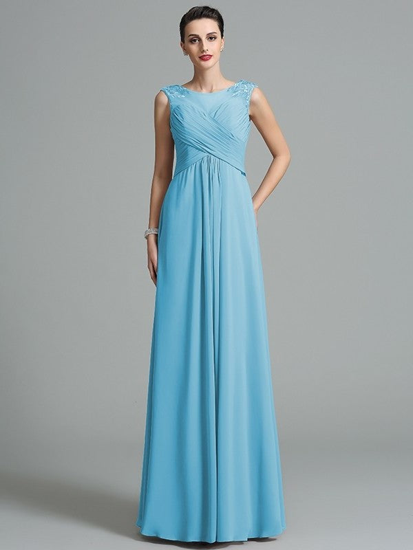 Long Sleeveless A-Line/Princess Ruched Scoop Chiffon Bridesmaid Dresses