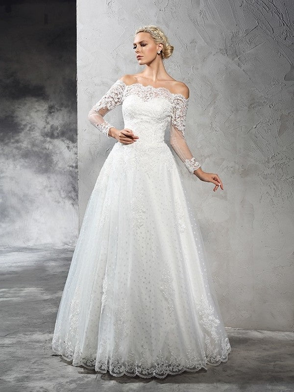 Lace Long Gown Long Sleeves Off-the-Shoulder Ball Net Wedding Dresses