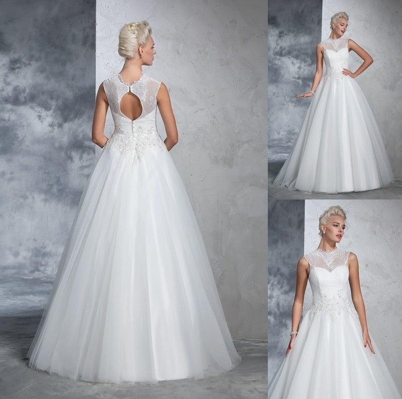 Neck High Long Ball Gown Sleeveless Applique Net Wedding Dresses