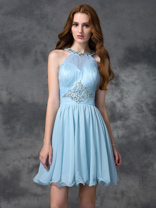 A-line/Princess Scoop Beading Sleeveless Short Chiffon Homecoming Dresses Cocktail Dresses Corinne