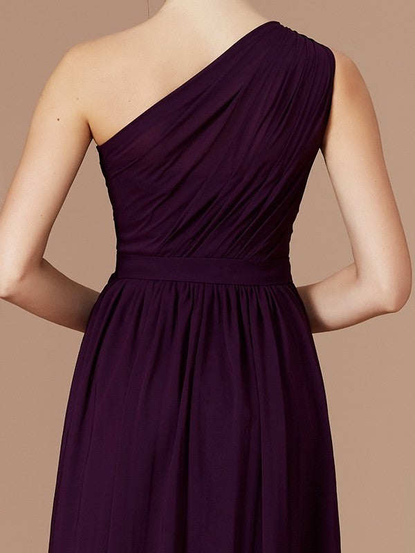 One-Shoulder Sleeveless A-Line/Princess Ruched Floor-Length Chiffon Bridesmaid Dresses