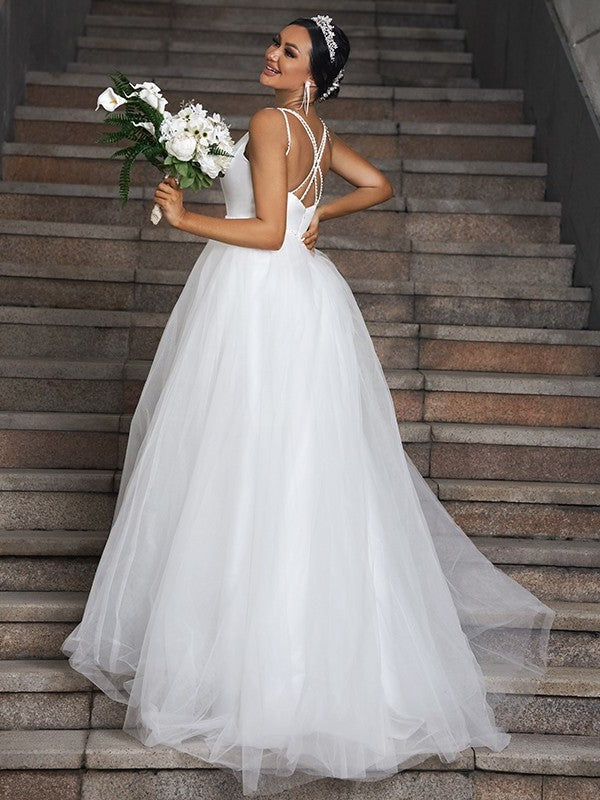 Ruffles Tulle Sleeveless V-neck Sweep/Brush A-Line/Princess Train Wedding Dresses