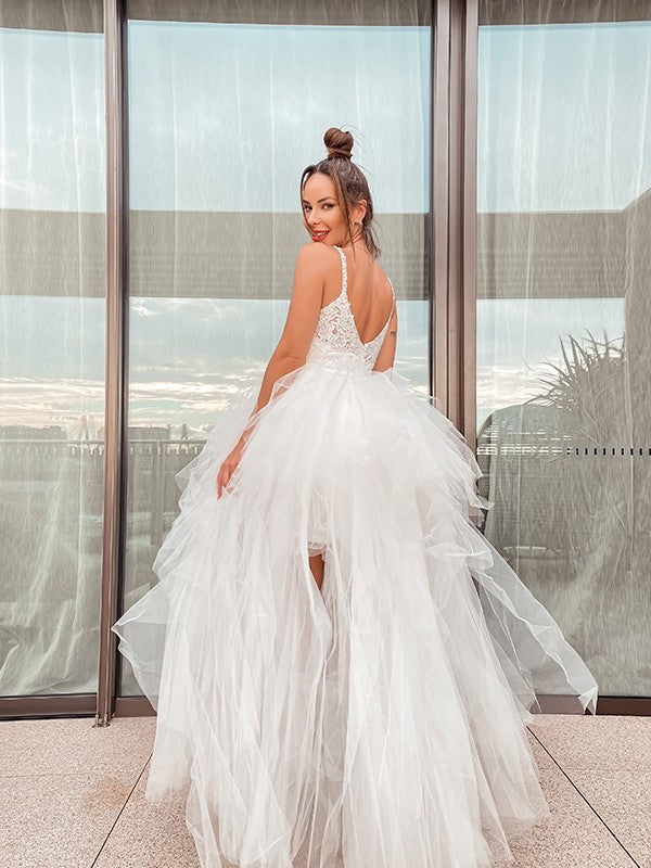 Sleeveless A-Line/Princess Tulle V-neck Ruched Floor-Length Wedding Dresses