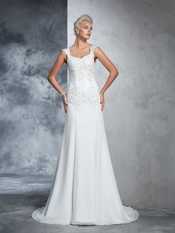 A-Line/Princess Sleeveless Straps Beading Long Chiffon Wedding Dresses