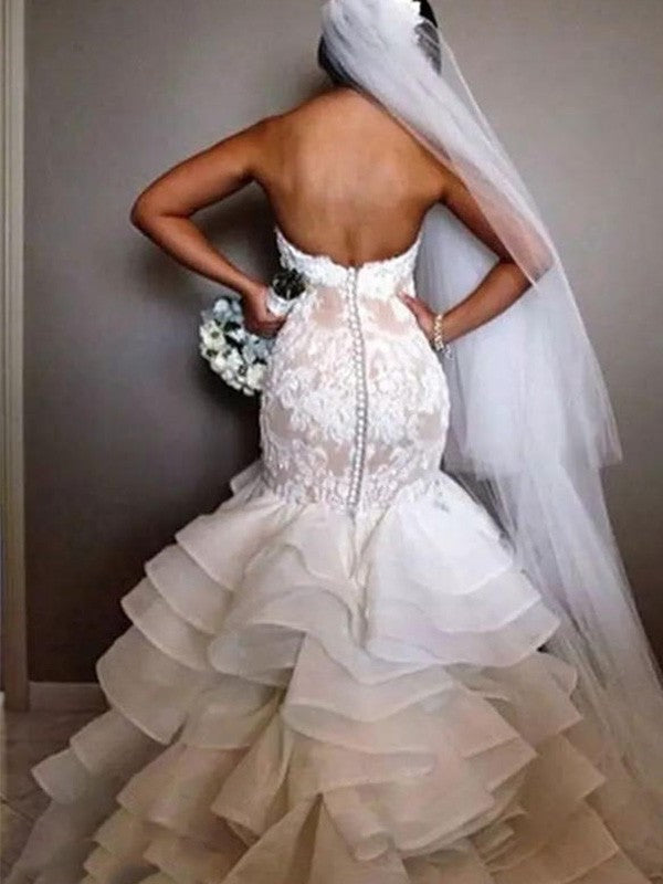 Sleeveless Applique Lace Chapel Ruffles Sweetheart Train Trumpet/Mermaid Organza Wedding Dresses