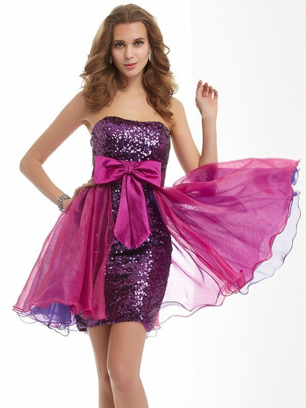 Sleeveless Short Strapless A-Line/Princess Bowknot Organza Homecoming Dresses