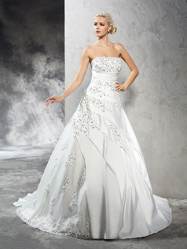 Long Ball Strapless Sleeveless Gown Beading Satin Wedding Dresses