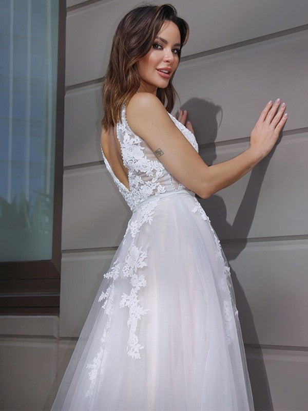 Sweep/Brush Applique Tulle A-Line/Princess V-neck Sleeveless Train Wedding Dresses