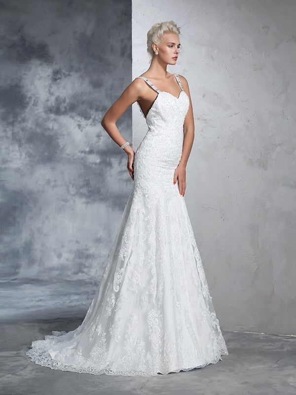 Long Sleeveless Trumpet/Mermaid Straps Spaghetti Lace Lace Wedding Dresses