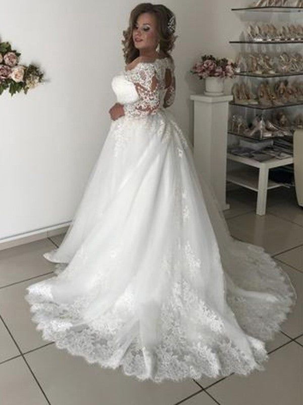 Off-the-Shoulder A-Line/Princess Long Train Sleeves Lace Sweep/Brush Tulle Wedding Dresses