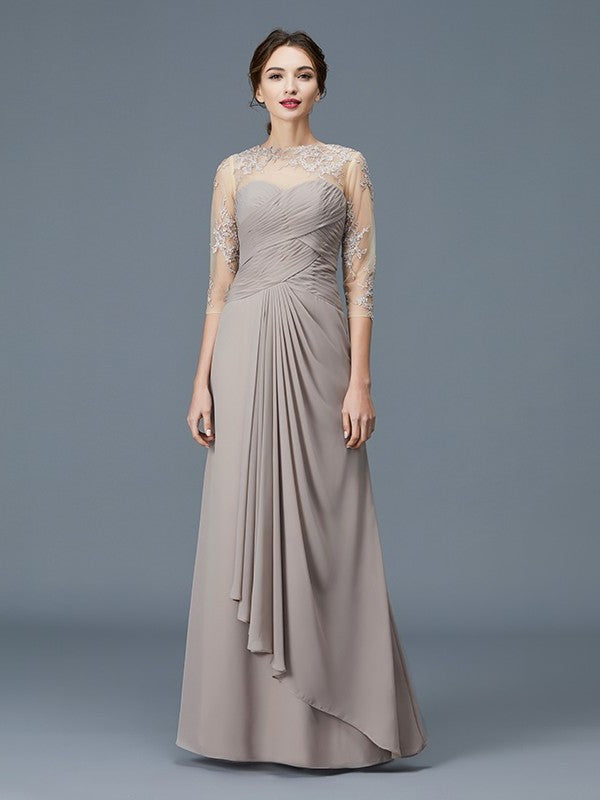 A-Line/Princess Sleeves Neck Floor-Length Chiffon of 3/4 Sheer Ruffles Mother the Bride Dresses