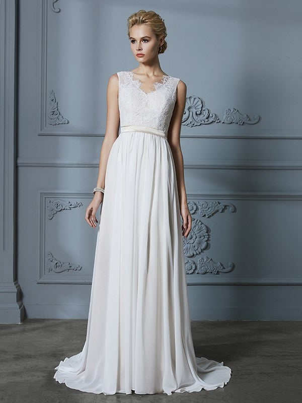 A-Line/Princess Chiffon Sleeveless V-neck Court Train Wedding Dresses