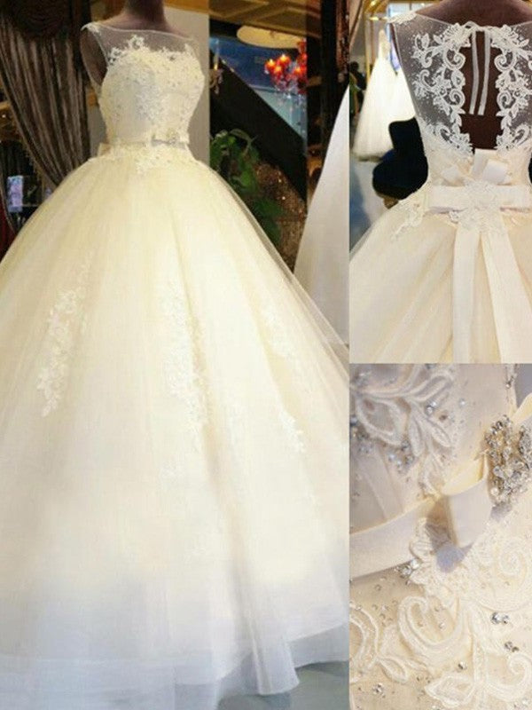 Sweep/Brush Sash/Ribbon/Belt Beading Applique Off-the-Shoulder Gown Ball Train Sleeveless Lace Wedding Dresses