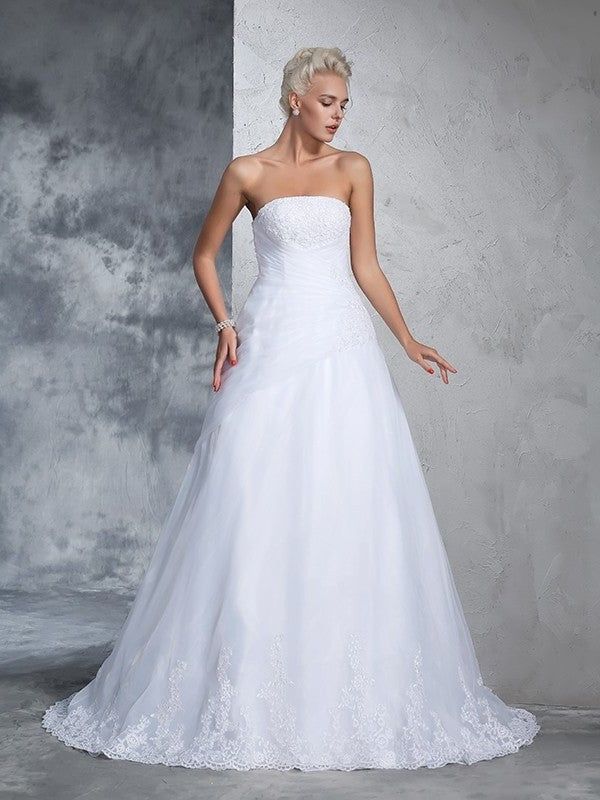 Gown Sleeveless Long Applique Ball Strapless Net Wedding Dresses