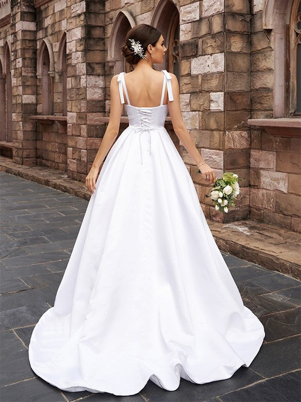 Satin A-Line/Princess Straps Sleeveless Sweep/Brush Ruffles Train Wedding Dresses