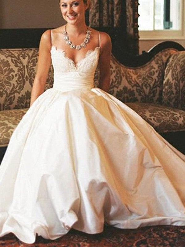 Satin V-neck Sweep/Brush Sleeveless Ruched A-Line/Princess Train Wedding Dresses