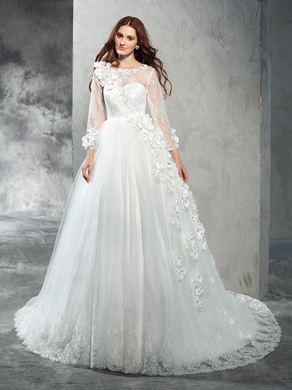 Long Neck Long Sheer Sleeves Gown Flower Hand-Made Ball Net Wedding Dresses