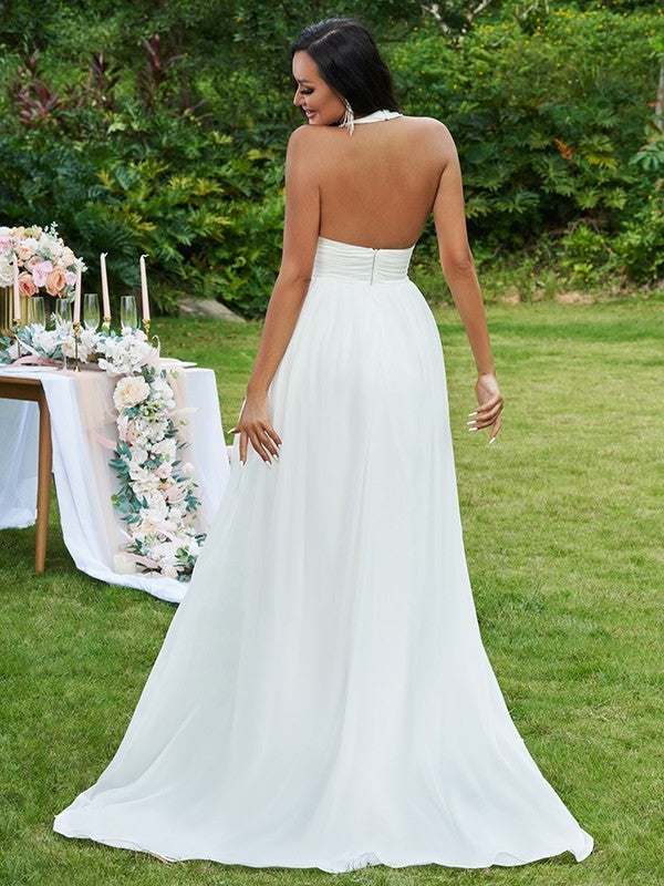 Halter Sleeveless Sweep/Brush Chiffon Ruffles A-Line/Princess Train Wedding Dresses