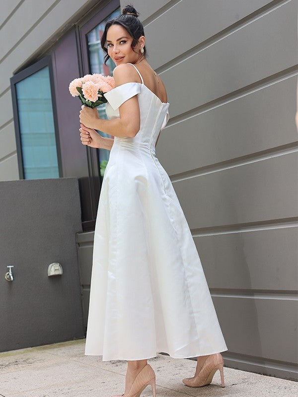 Sleeveless Spaghetti Straps Satin A-Line/Princess Ruffles Ankle-Length Wedding Dresses