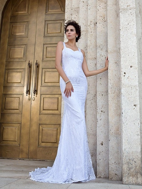 Sleeveless Straps Sheath/Column Lace Long Lace Wedding Dresses