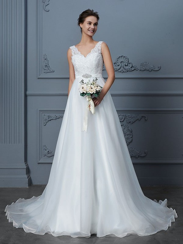 Lace V-neck Floor-Length A-Line/Princess Sleeveless Chiffon Wedding Dresses