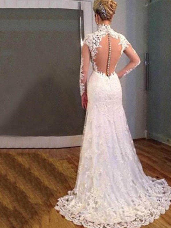 Applique Sleeves Train Sweep/Brush Trumpet/Mermaid Long V-neck Lace Wedding Dresses