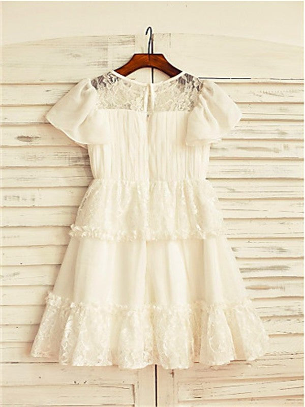 Short Tea-Length Chiffon A-line/Princess Sleeves Scoop Lace Flower Girl Dresses