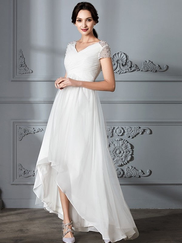 Asymmetrical Short V-neck A-Line/Princess Sleeves Tulle Wedding Dresses