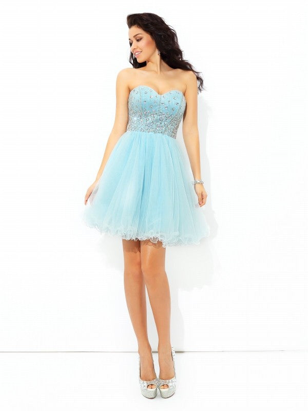 A-Line/Princess Sweetheart Shyla Beading Short Sleeveless Satin Homecoming Dresses Cocktail Dresses