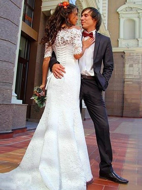 Sweep/Brush 1/2 Sleeves Lace Off-the-Shoulder Trumpet/Mermaid Train Wedding Dresses