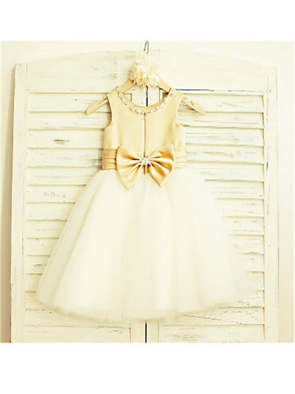 Scoop Tulle Tea-Length A-line/Princess Sleeveless Bowknot Flower Girl Dresses