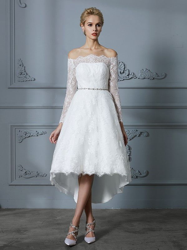 Sleeves Long A-Line/Princess Asymmetrical Off-the-Shoulder Lace Wedding Dresses