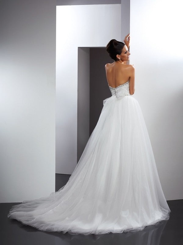 A-Line/Princess Long Straps Beading Spaghetti Sleeveless Tulle Wedding Dresses