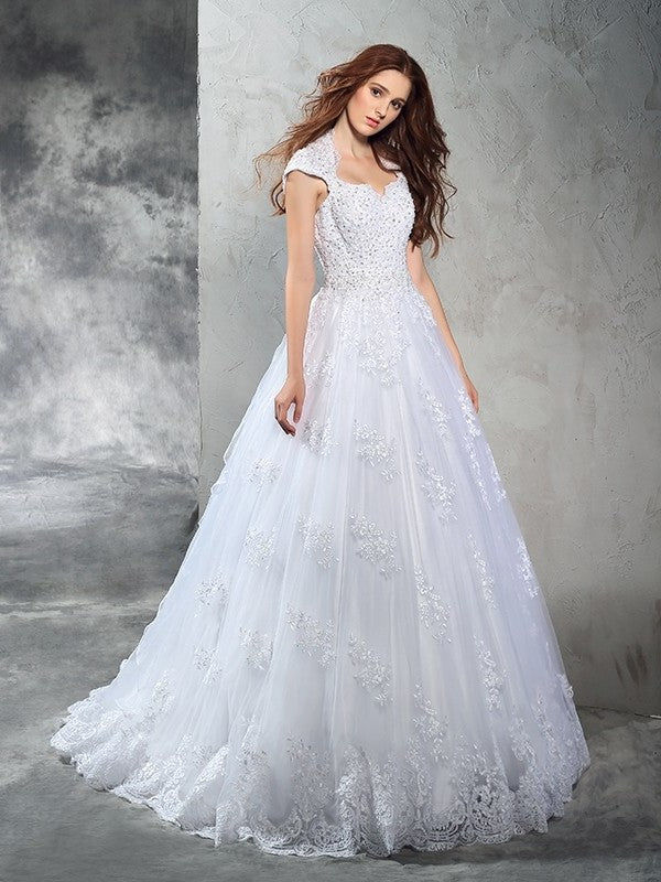 Long Sleeveless Sweetheart Ball Lace Gown Organza Wedding Dresses