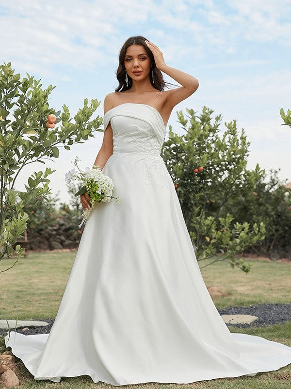 Sweep/Brush Sleeveless Strapless Satin A-Line/Princess Ruched Train Wedding Dresses