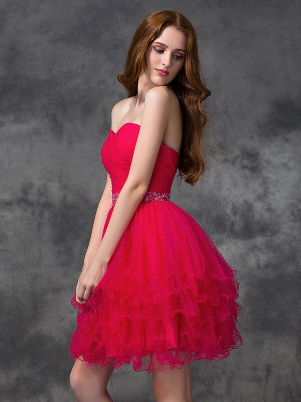 A-line/Princess Sweetheart Homecoming Dresses Beading Sleeveless Athena Short Satin Cocktail Dresses