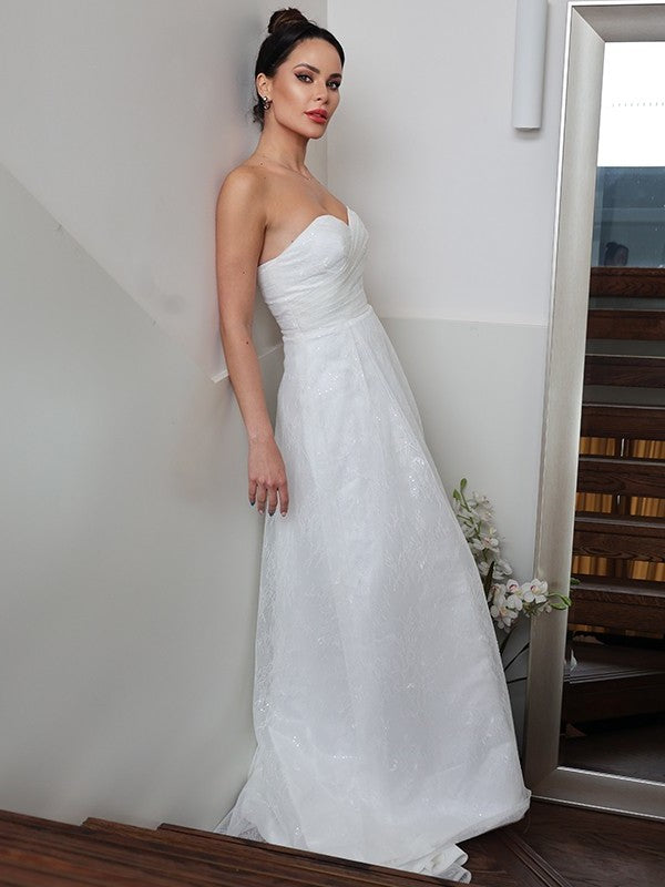 Sweep/Brush A-Line/Princess Sleeveless Ruched Sweetheart Train Wedding Dresses