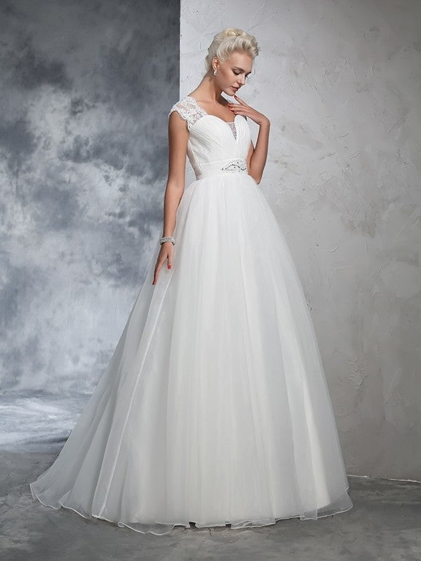 Gown Ball Sweetheart Ruched Sleeveless Long Tulle Wedding Dresses