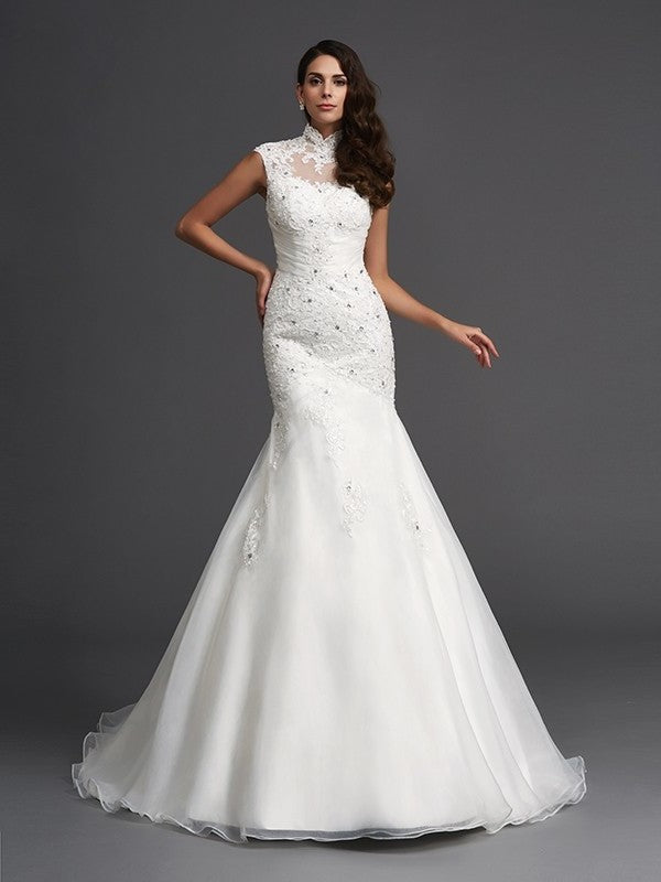 Neck Beading Trumpet/Mermaid Long Sleeveless High Organza Wedding Dresses