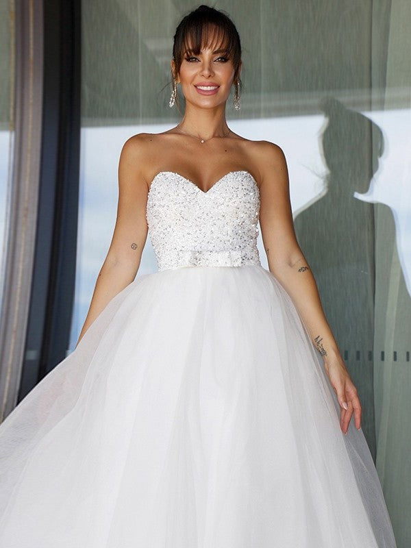 Bowknot Gown Sweetheart Ball Sleeveless Tulle Floor-Length Wedding Dresses