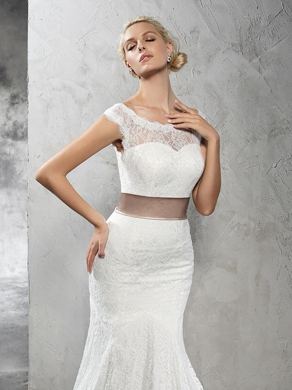 Sheath/Column Sheer Sash/Ribbon/Belt Neck Sleeveless Long Lace Wedding Dresses