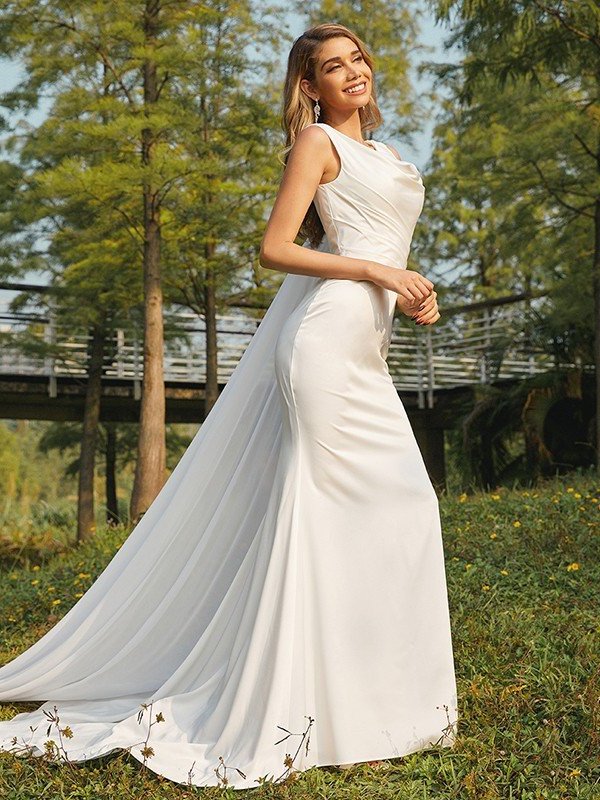 Scoop Satin Sleeveless Sheath/Column Ruched Sweep/Brush Train Wedding Dresses