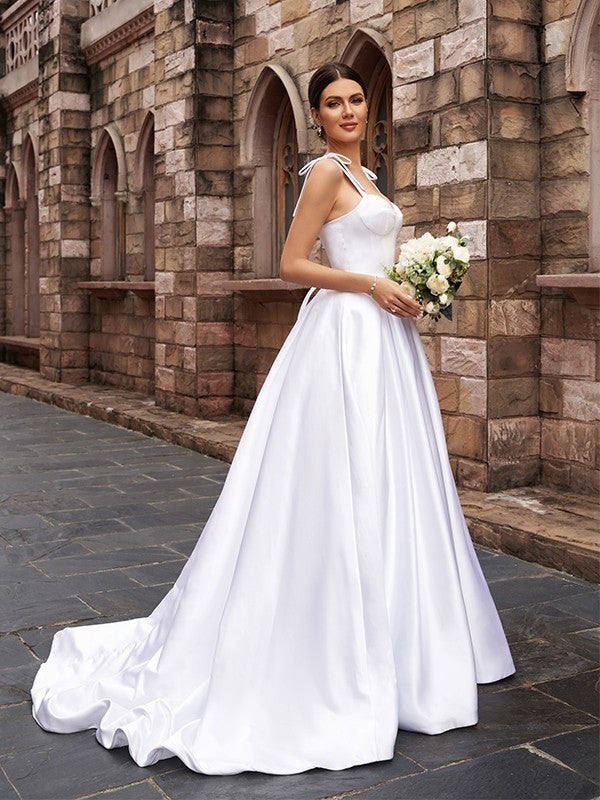 Satin A-Line/Princess Straps Sleeveless Sweep/Brush Ruffles Train Wedding Dresses