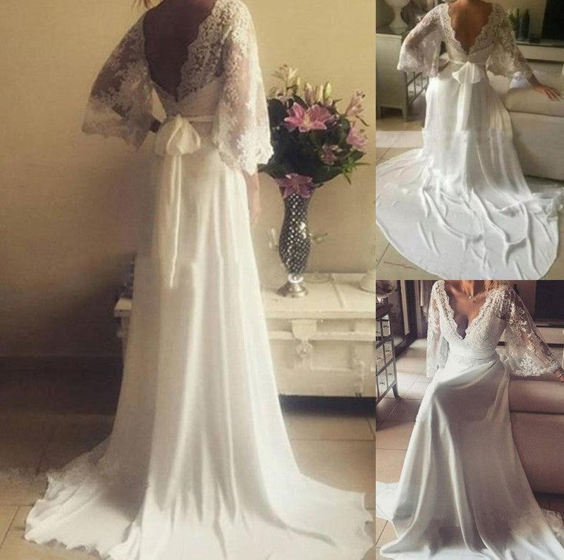 V-neck Train Sleeves A-Line/Princess Sash/Ribbon/Belt Long Court Lace Wedding Dresses