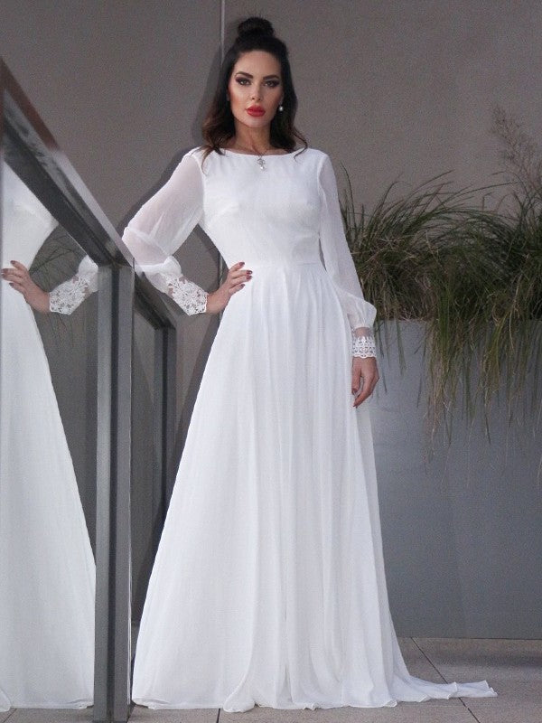 Long Chiffon Sweep/Brush A-Line/Princess Sleeves Scoop Ruffles Train Wedding Dresses