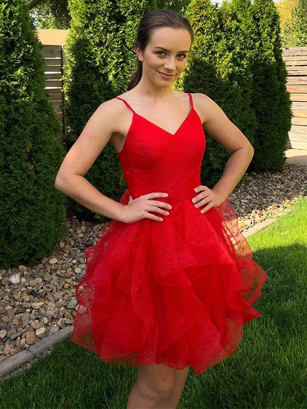 Ruffles Tulle Sleeveless A-Line/Princess Spaghetti Straps Short/Mini Homecoming Dresses