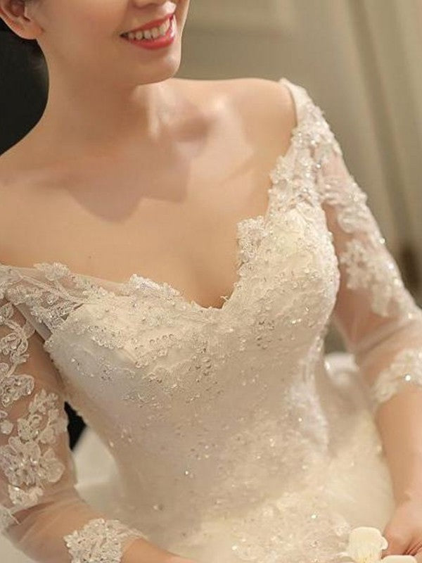 Applique 3/4 Sleeves Train Off-the-Shoulder Beading Cathedral Ball Gown Tulle Wedding Dresses