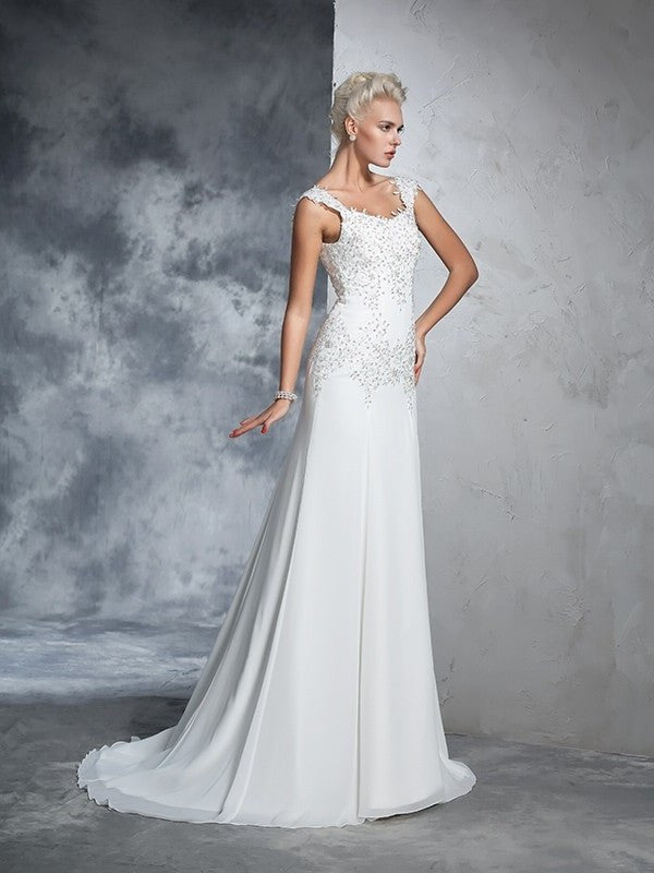 A-Line/Princess Sleeveless Straps Beading Long Chiffon Wedding Dresses