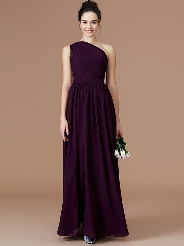 One-Shoulder Sleeveless A-Line/Princess Ruched Floor-Length Chiffon Bridesmaid Dresses