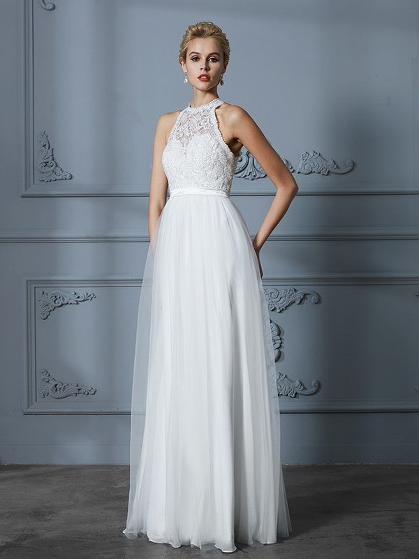 A-Line/Princess Scoop Tulle Sleeveless Floor-Length Wedding Dresses